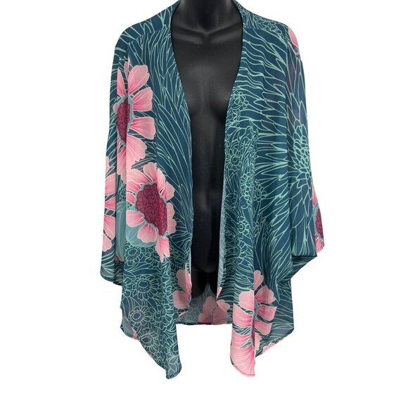 Kini Zamora Women Floral Kimono Cardigan Pink Teal One Size OS Hawaii Cover Up - Picture 1 of 7